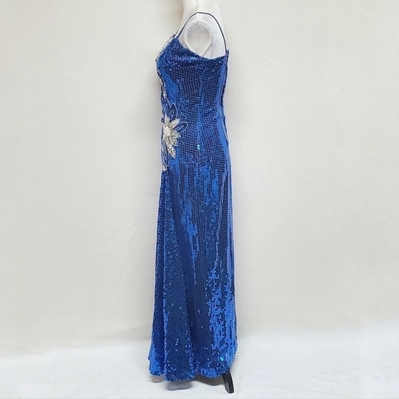 VINTAGE Alyce Designs Blue Silver Sequin Floral Bustier Side Slit Maxi Dress M - Picture 9 of 16